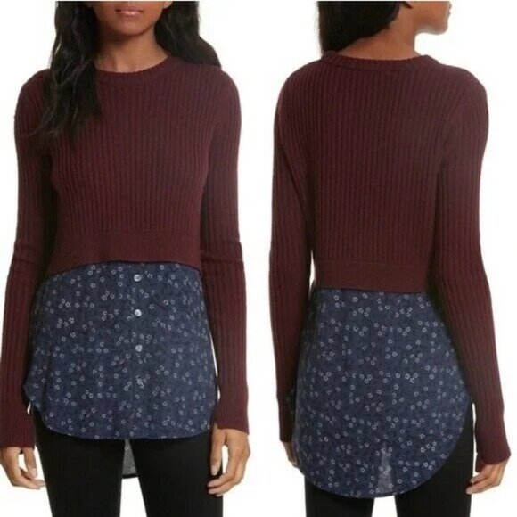 Veronica Beard Garrett Mixed Media Sweater Floral Tunic Burgundy Wool L - Picture 1 of 9